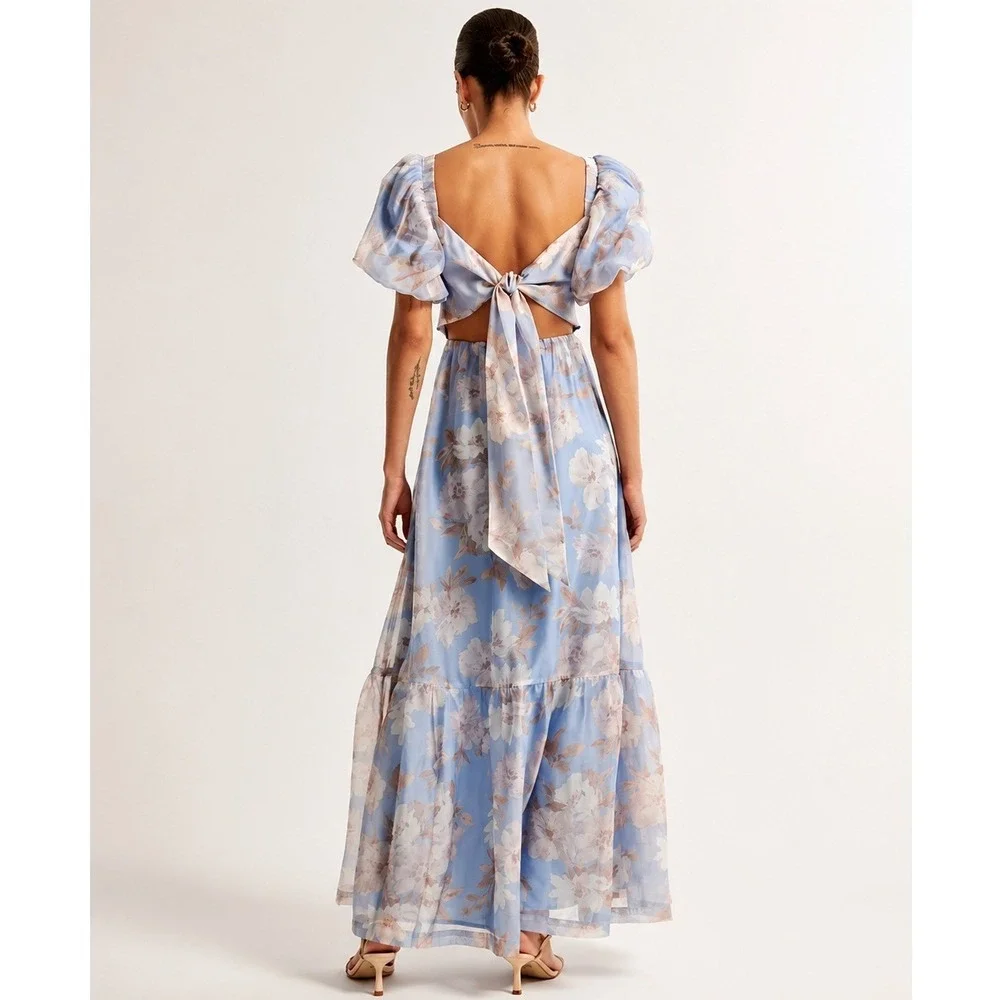 Abercrombie & Fitch Emerson Drama Bow Back Maxi Dress Blue Floral Print Medium